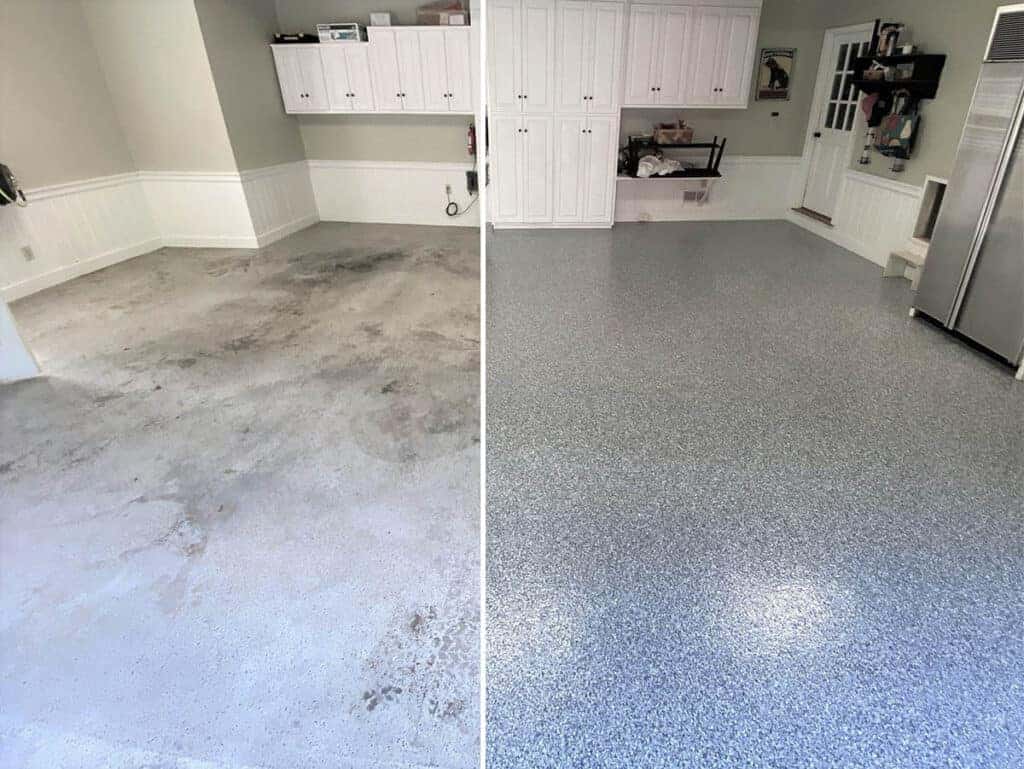 Garage floor before and after epoxy coating