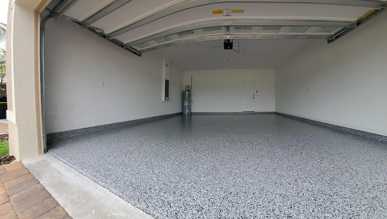 Epoxy garage floor with decorative flakes